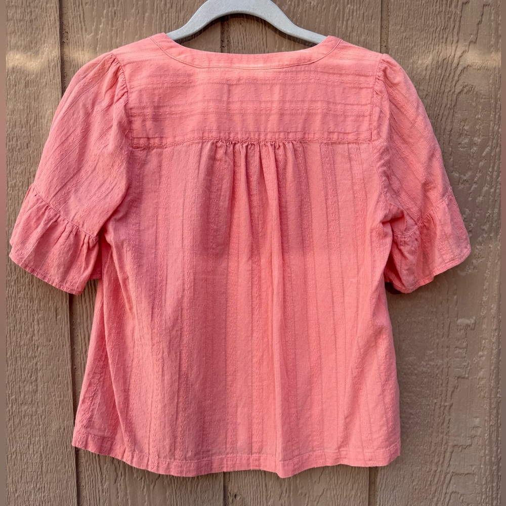 LOFT Pink Striped Ruffle Sleeve Split Neck Blouse Women Petites XSP Cotton - Picture 4 of 7